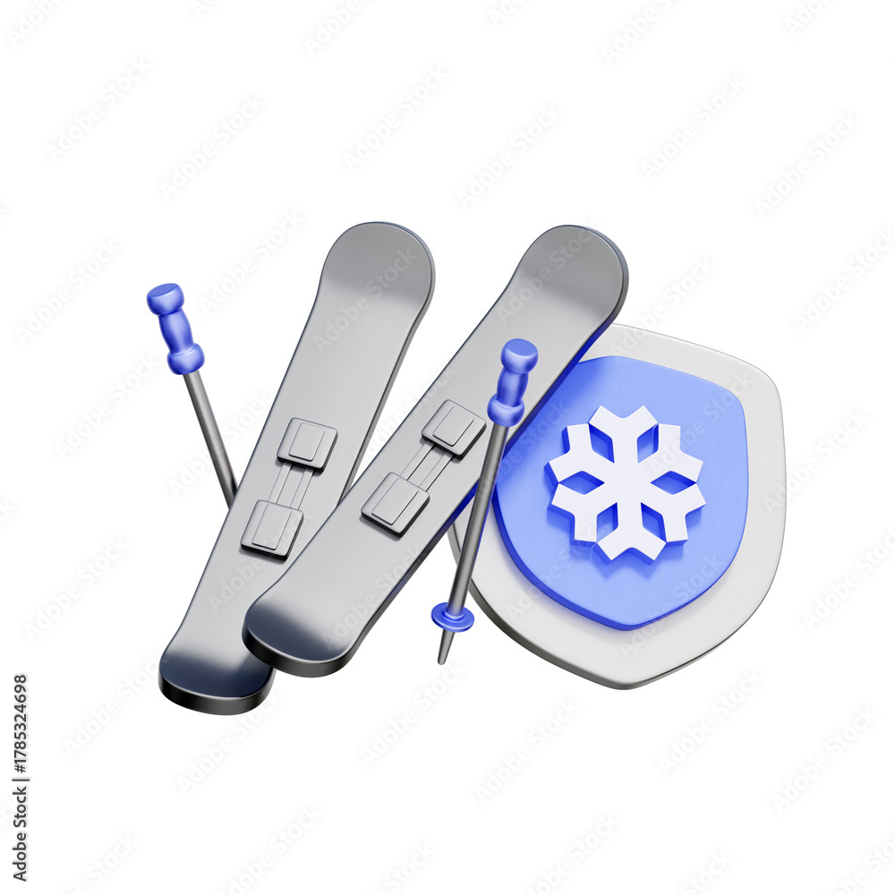 Fototapeta premium 3D icon of skis and poles with a snowflake shield For winter sports travel insurance, ski trip protection, coverage for snow activities, and safe mountain holidays.