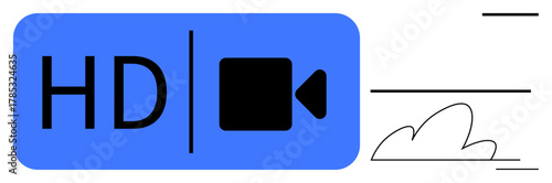 Blue rectangle with HD text and camera, stylized cloud and horizontal lines. Ideal for streaming, recording, resolution quality, multimedia, technology, video editing, digital media simple flat