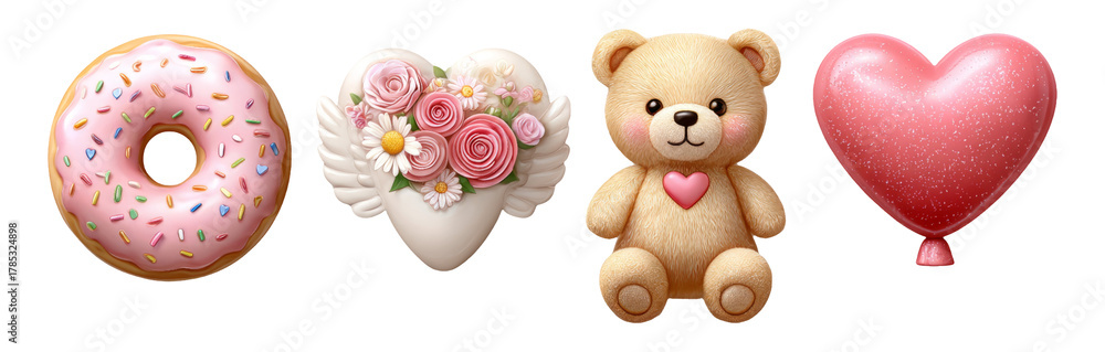 Obraz premium Cute and Colorful Icons of Donut, Bear, Heart, and Flower Arrangement