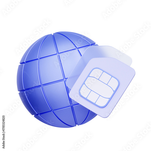 3D icon of a globe with SIM cards For international SIM cards, global roaming services, staying connected while traveling, and travel data plans.