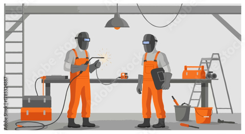 Flat vector illustration in grey and orange color palette, two faceless welders working in an industrial workshop