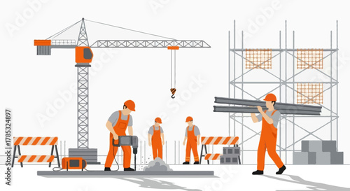 Flat vector illustration in grey and orange palette, faceless construction workers operating at an outdoor building site