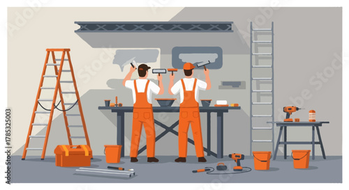 Flat vector illustration of two faceless construction workers in orange overalls inside a workshop