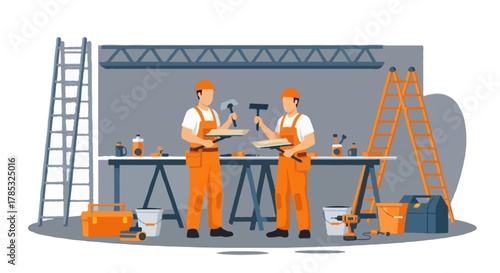 Flat vector illustration of two faceless construction workers in orange overalls inside a workshop