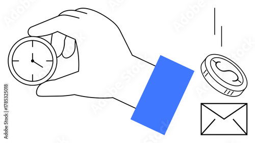Hand holding clock, coin, and envelope, representing time management, financial planning, productivity, efficiency, deadlines resource allocation and communication. Minimalist flat metaphor