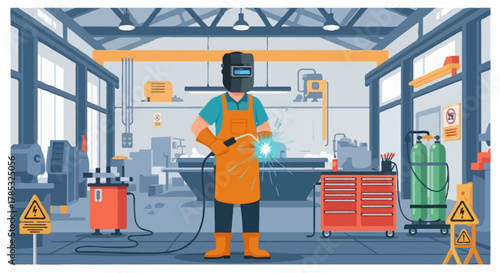 Flat vector illustration of a faceless welder in a large industrial workshop