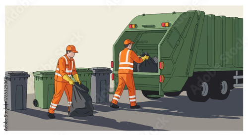Flat vector illustration of two faceless sanitation workers collecting garbage