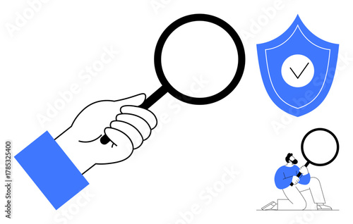 Hand holding magnifying glass, shield icon with checkmark, small figure examining object. Ideal for investigation, analysis, security, research, scrutiny accuracy protection. Simple flat metaphor