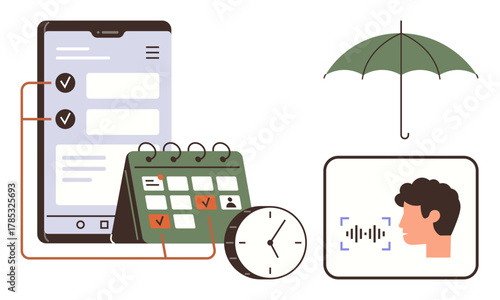 Mobile task planner app, calendar with tasks, clock, voice recognition tech, and umbrella. Ideal for organization, productivity, technology time management planning communication safety. Clean