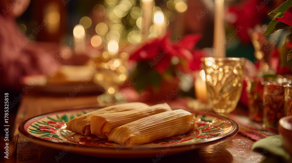 Naklejka premium Nochebuena Feast in Mexico Golden Tamales, Poinsettias & Candlelight Celebrate the Festive Spirit with Loved Ones in a Warm, Joyful Gathering
