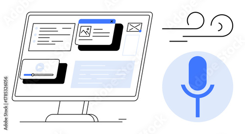 Desktop screen displaying multimedia apps, icons, microphone input, and sleek sound waves. Ideal for user interface, voice recognition, automation, accessibility, multitasking sound simple flat