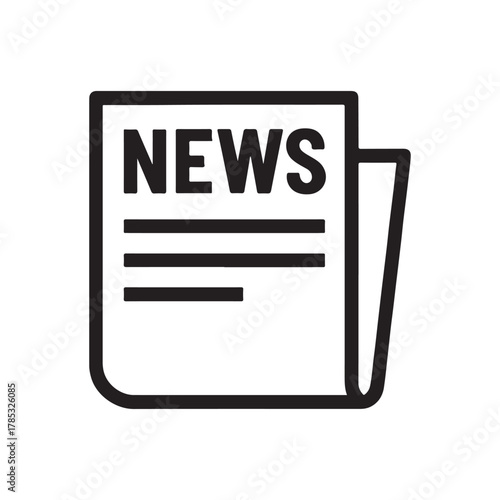 Black and white newspaper icon featuring headlines and folded corner representing current events and information dissemination silhouette on white background