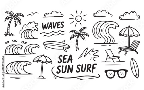 Hand drawn summer beach doodles