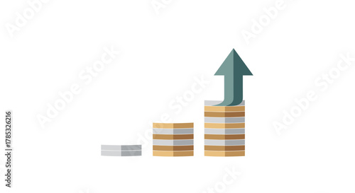 Clean vector illustration showing progressively growing stacks of coins with an upward green arrow, symbolizing financial growth, successful savings, smart investment, and market prosperity