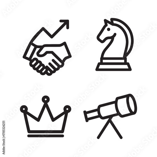 Line art icons of success strategy vision and business deal in a minimalist design for website projects and graphic resources