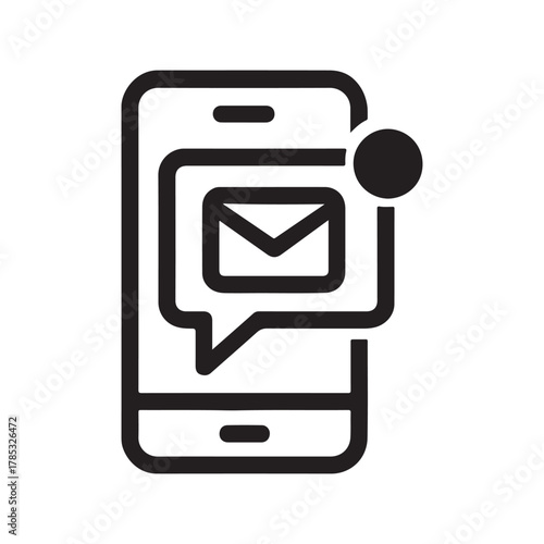 Smartphone notification icon with email message symbol representing new email arrival on mobile phone with unread message alert silhouette on white background