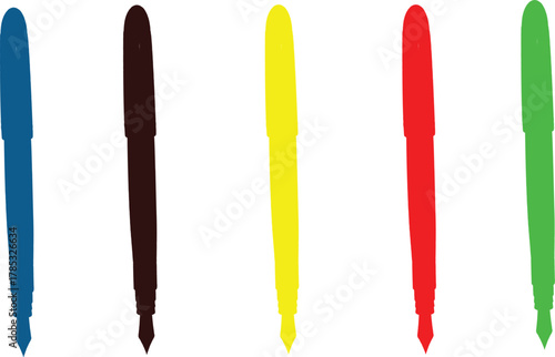 The image features a collection of five fountain pens, each capped and displayed in a horizontal arrangement against a clean white background. The pens are presented in a simplistic artistic style, 
