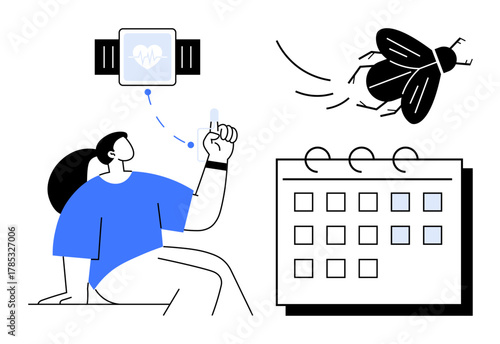 Woman wearing fitness tracker, gesture control, interconnected tech, focus on goals. Ideal for health, fitness, technology, innovation productivity future planning healthcare. Simple flat metaphor