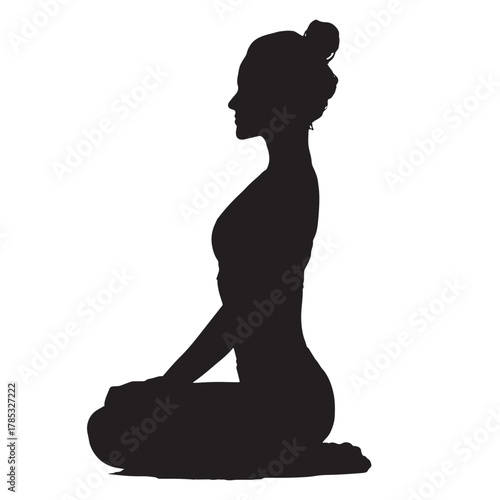 Silhouette of a woman sitting in lotus yoga pose, peaceful and centered, minimal clean lines, white background, perfect balance and proportion,