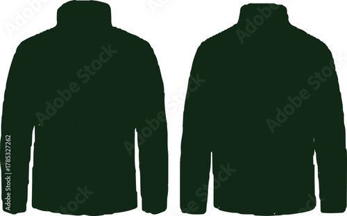 The image presents a dark green long-sleeved jacket, showcasing both its front and back views against a clean white background.