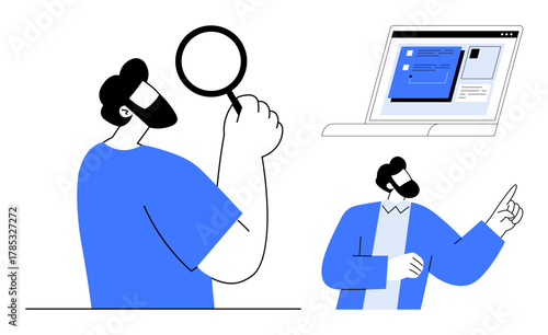 Man using magnifying glass, pointing toward insights on laptop. Ideal for research, analytics, education, strategy, decision-making, technology discovery. Minimalistic flat metaphor
