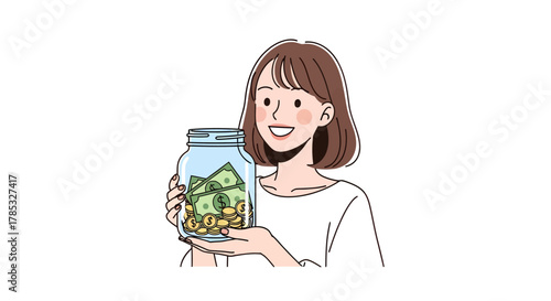 Woman saving money in jar, financial planning illustration