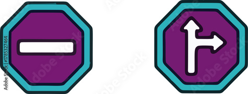 Two traffic signs one is a stop sign and the other is a turn sign.