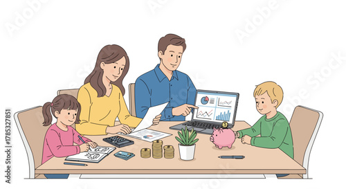 Family planning finances and saving money for the future, illustration of parents and children budgeting and investing