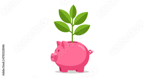 A pink piggy bank nurturing a small green plant, symbolizing the concept of financial growth, savings, and successful investment returns. Flat vector illustration isolated on a white background