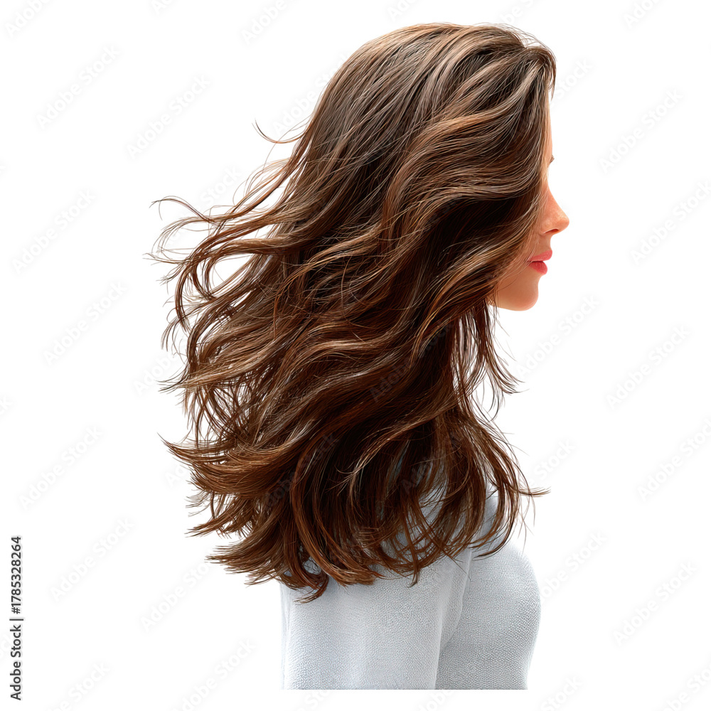 Naklejka premium Swirl of black and dark brown brunette hair concept. Profile of a woman showcasing flowing, beautiful hair.