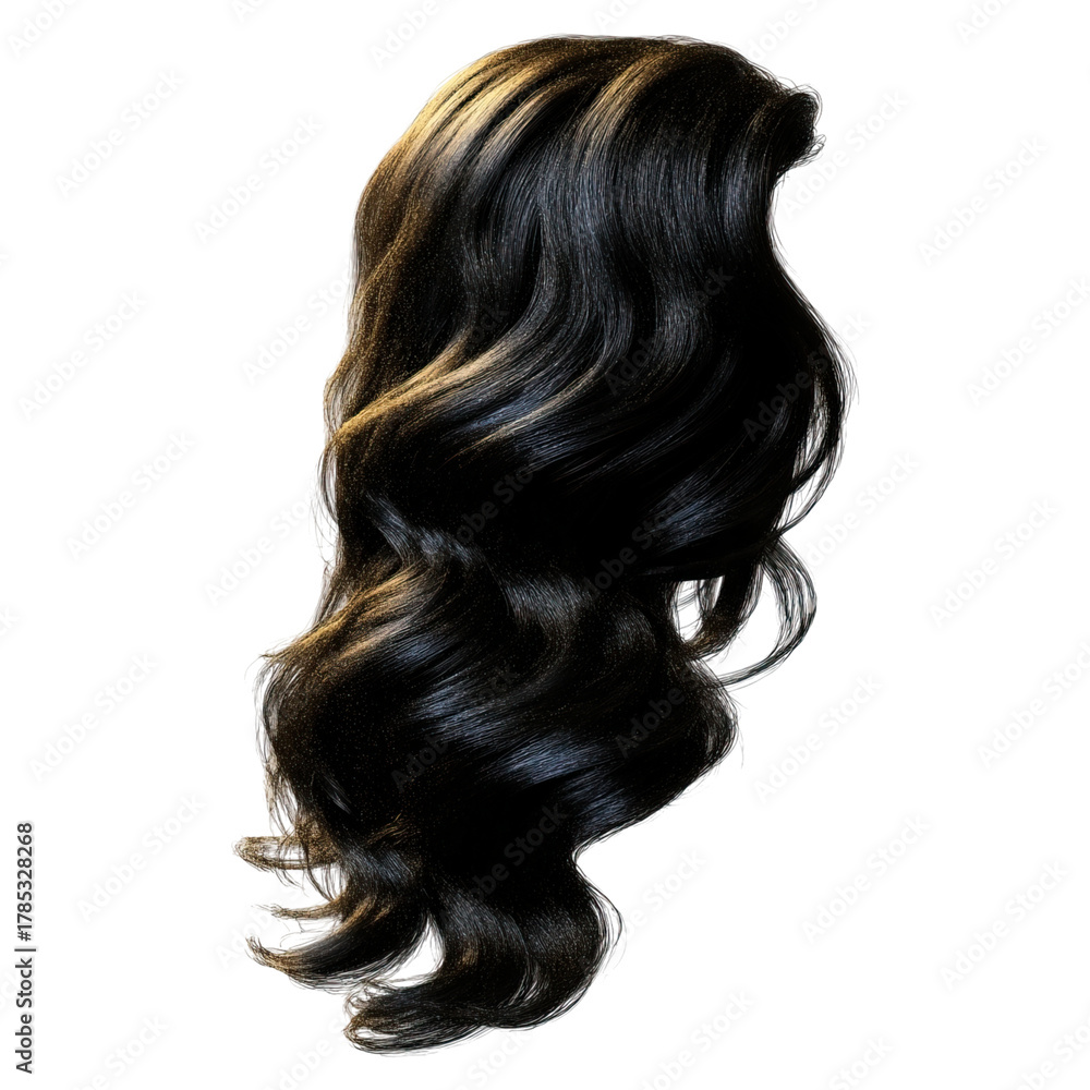 Fototapeta premium Swirl of black and dark brown brunette hair concept. Shiny, wavy black hair isolated on a transparent background.