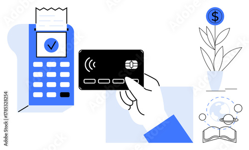 Hand holds card for digital transaction near terminal with receipt, plant with dollar coin, and global finance. Ideal for fintech, e-commerce, banking, sustainability, technology, money management