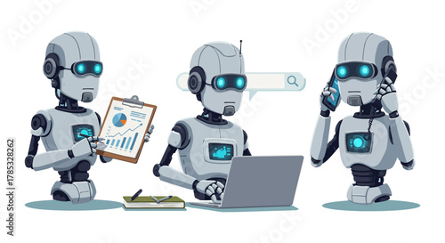 ai customer service robots analyzing data working on laptop answering phone for it support illustrating automation efficiency progress