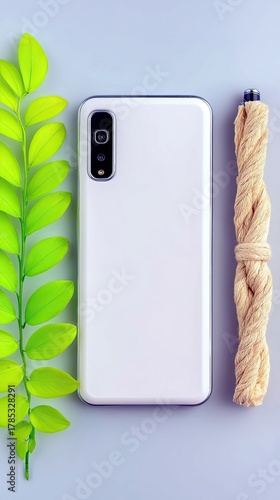 A white smartphone is placed next to a green leafy branch and a coiled rope on a light blue surface.