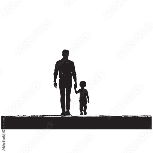 Silhouette of a parent holding a child’s hand while walking, emotional and family-themed, simple horizon line, white background,