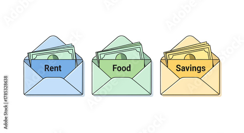 Vector illustration of the cash envelope system for personal budgeting, with money allocated for rent, food, and savings expenses to manage finances