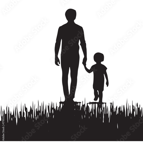 Silhouette of a parent holding a child’s hand while walking, emotional and family-themed, simple horizon line, white background,