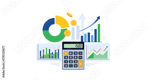 Financial Planning Illustration with Charts, Graphs, and Calculator
