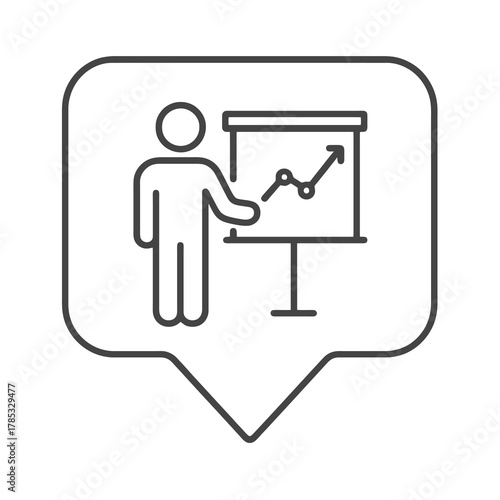 Thin-line trainer with board icon inside a square pin, symbolizing workshops and professional development. Perfect for corporate training and learning dashboards.