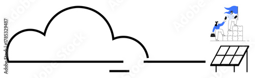 Cloud over solar panels and worker on stacked materials indicating renewable energy and ecological balance. Ideal for sustainability, green energy, construction, future, innovation, eco-living