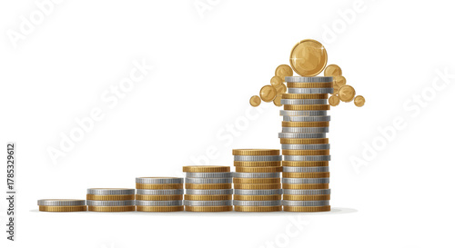A 3D illustration of rising stacks of gold and silver coins arranged as a growth chart, symbolizing financial success, investment returns, savings, and wealth accumulation