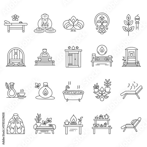 spa and wellness icons depicting treatment rooms and relaxation areas perfect for beauty and health blog or illustrating self-care and tranquility.