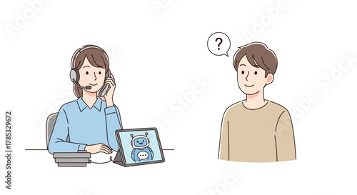 Customer service with ai support woman answers calls while chatbot helps a confused customer seeking assistance perfect for technology websites.