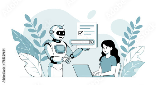 ai assistant helping woman with search ai powering research offering support on laptop ideal for tech blogs  future of work themes.