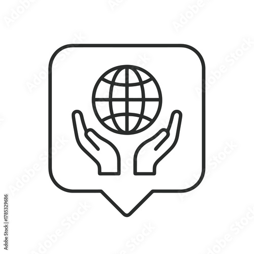 Thin-line globe in hands icon inside a square pin, symbolizing global volunteering and humanitarian aid. Perfect for NGO and social responsibility dashboards.