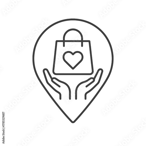 Minimalist line vector of a heart-marked bag held by two hands in a square pin, representing community giving and social support