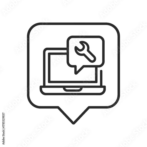 Thin-line laptop with wrench and chat icon inside a square pin, representing remote troubleshooting and customer support. Ideal for IT dashboards.