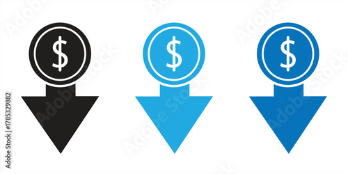 Dollar down arrow icon. Symbol of economic downtrend. Sign of business decline. Vector illustration.