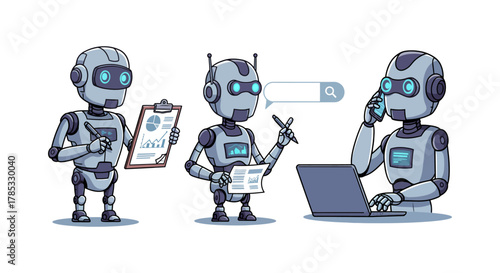 ai robots analyzing data working on laptops and phones automating tasks in an office showcasing efficiency and future technology
