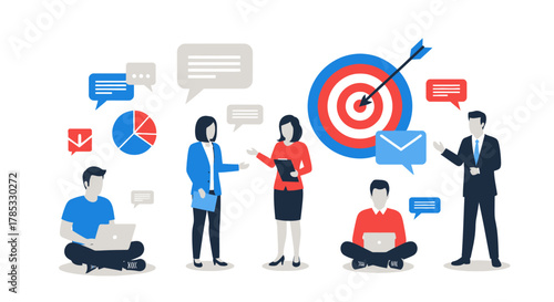 Business team collaborating on a digital marketing strategy to reach goals.